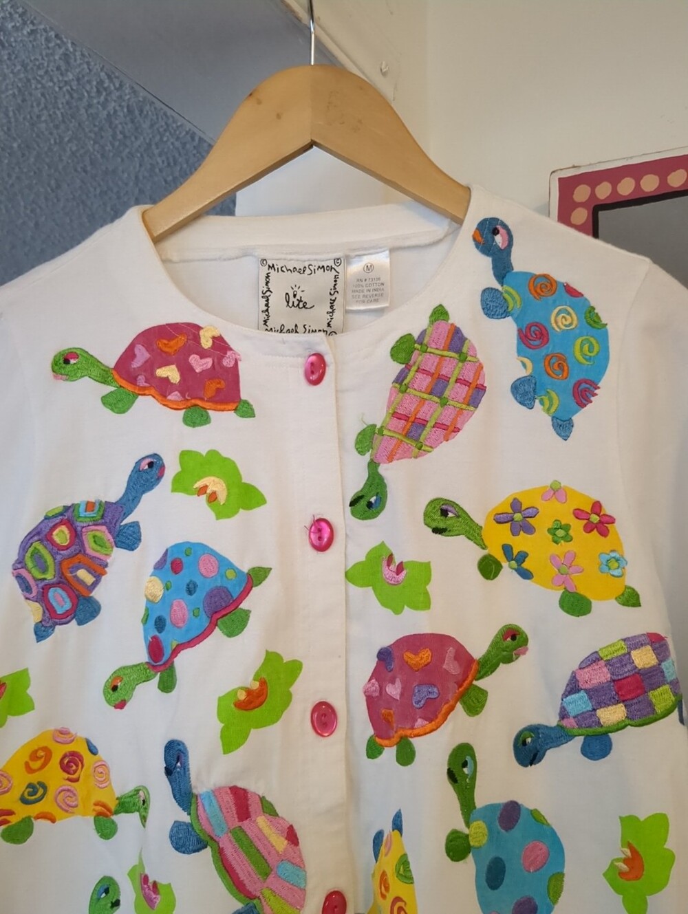 Michael Simon Lite Colorful Embroidered Turtles Cropped Cardigan Women's Medium